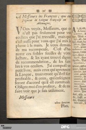 A Messieurs les Francois, qui enseignent la Langue Francoise en Allgemagne.