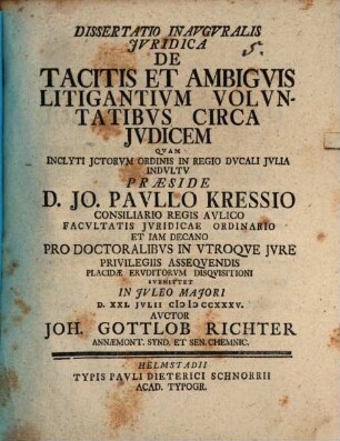 Diss. inaug. iur. de tacitis et ambiguis litigantium voluntatibus circa iudicem