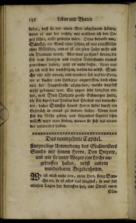 Das neunzehnte Capitel. Kurzweilige Unterredung des Stallmeisters Sancho mit seinem Herrn, [...].