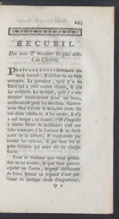 Recueil Des avis & maximes les plus utiles à un Chrétien