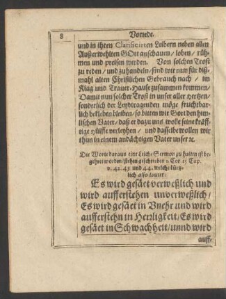 [Textus.] Die Worte [...] /stehen geschrieben I. Cor. 15. Cap. p. 42. 43 und 44. welche kürtzlich also lautet: