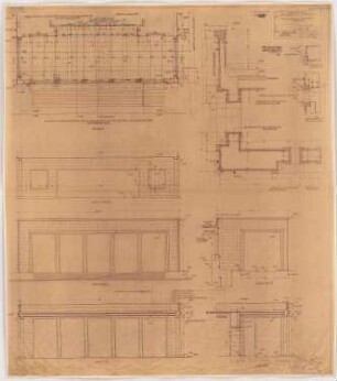 I.G.-Farben, Frankfurt/Main Verwaltungsgebäude: Mittelhalle: Pfeilervorhalle, Grundriss, Aufriss, Schnitt 1:50, Detail 1:10