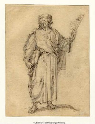 Der Heilige Petrus, ein Buch unter seinem rechten Arm, mit der Linken den Schlüssel emporhaltend. Er wendet den jugendlich wirkenden Kopf nach links