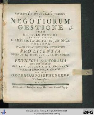 Dissertatio Inauguralis Juridica De Negotiorum Gestione