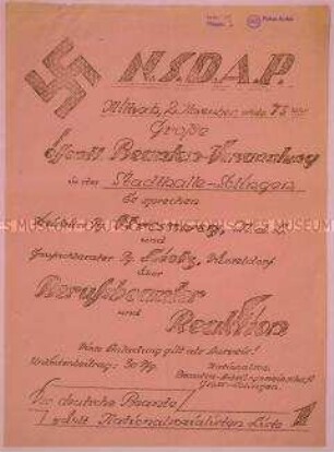 Handgeschriebene hektografierte Einladung der NSDAP zu einer Beamtenversammlung zum Thema "Berufsbeamter und Reaktion"