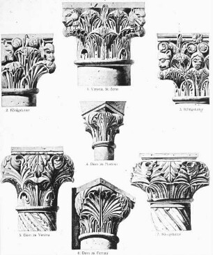 Königslutter am Elm, Stiftskirche, St. Peter und Paul, Kapitelle; Vergleichsbeispiele aus den Domen in Modena, Ferrara, Verona