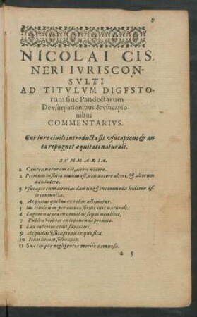 Nicolai Cisneri Iurisconsulti Ad Titulum Digestorum sive Pandectarum De usurpationibus & usucapionibus Commentarius.