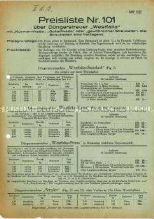 Preisliste Nr. 101 über Düngerstreuer "Westfalia" mit freiliegender "Kuxmannkette" oder "Goliathkette".