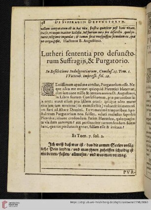 Lutheri sententia pro defunctorum Suffragijs, & Purgatorio