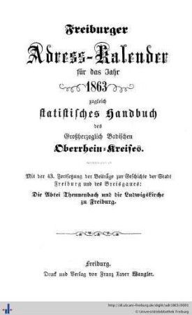 Freiburger Adreß-Kalender : für das Jahr 1863