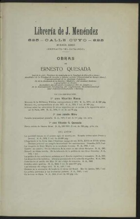 Librería de J. Menéndez (Extracto del catálogo) - Obras de Ernesto Quesada
