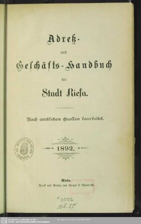 1892: Adreß- und Geschäfts-Handbuch der Stadt Riesa