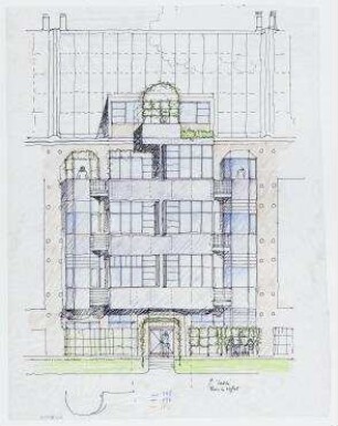 Engerer Bauwettbewerb Internationales Begegnungszentrum der Wissenschaft (IBZ) (nicht realisiert) – Ansicht. Berlin-Wilmersdorf, Ahrweiler Straße/Wiesbadener Straße