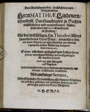 Dem Wohl Ehrenvesten [...] Herrn Matthiæ Lindenern [...]