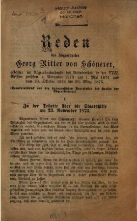 Reden des Abgeordneten Georg Ritter von Schönerer, gehalten im Abgeordnetenhause des Reichsrathes in der VIII. Session zwischen dem .... 1