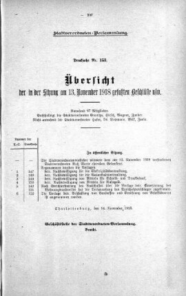 Übersicht der in der Sitzung gefaßten Beschlüsse u.s.w. (153.), 13. November 1918