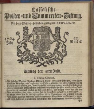 27. Stueck, Montag den 2ten Julii 1764