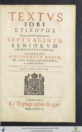 Textus Iobi [stichērōs], iuxta veram & germanam Septuaginta seniorum interpretationem.