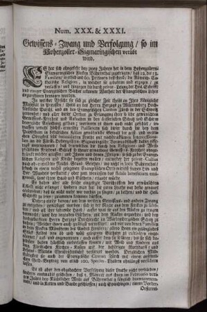 Num. XXX. & XXXI. Gewissens-Zwang und Verfolgung / so im Hohenzoller-Sigmaringischen verübt wird
