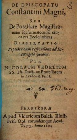 De Episcopatu Constantini Magni, Seu De Potestate Magistratuum Reformatorum, circa res Ecclesiasticas