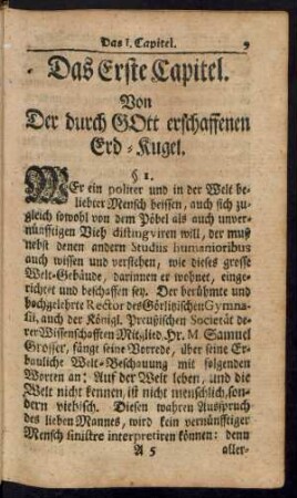 Das Erste Capitel. Von Der durch Gott erschaffenen Erd-Kugel