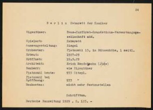 Kabarett der Komiker (auch: Schaubühne), Berlin: Schriftstück zum Fragebogen für das Handbuch »Das Deutsche Theater«