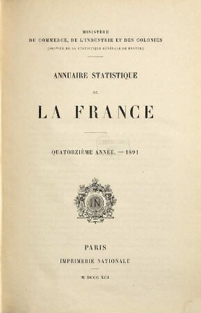 Annuaire statistique de la France. 14. 1891