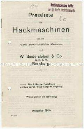 Preisliste für Hackmaschinen