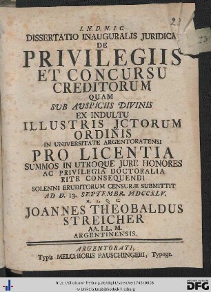 Dissertatio Inauguralis Juridica De Privilegiis Et Concursu Creditorum