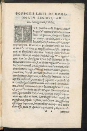 Pomponii Laeti De Romanorum Legibus, Ad M. Pantagathum, Libellus.