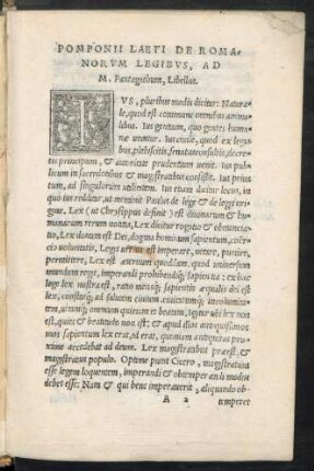 Pomponii Laeti De Romanorum Legibus, Ad M. Pantagathum, Libellus.