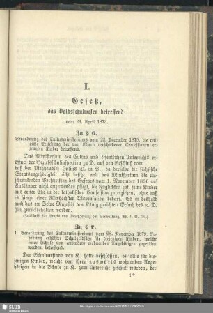 I. Gesetz, das Volksschulwesen betreffend; vom 26. April. 1873