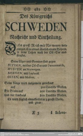 Des Koenigreichs Schweden Nachricht und Eintheilung.