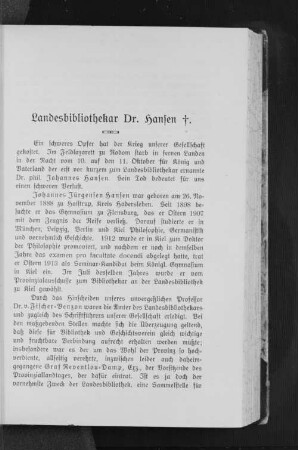 Landesbibliothekar Dr. Hansen [Nachruf].