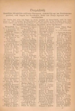 Verzeichniß sämmtlicher Grundstücke nebst deren Bewohnern, alphabetisch nach den Straßennamen geordnet, ...