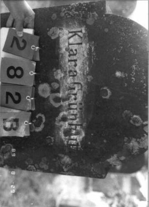 Grabstein 282 (Index: 100107671) Material: roter Sandstein Zustand: leicht bewachsen, am Sockel zementiert Maße HxBxT: 154x55x25 cm Beschreibung: Stele, eingezogener Rundbogen, Schriftfeld eingetieft, getreppter Sockel, unterer Teil rusticaartig Besonderheit: kein Eintrag im Familienbuch: Grabstein 282B