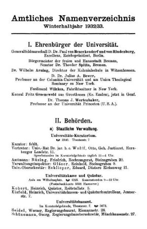 Amtliches Namenverzeichnis Winterhalbjahr 1932/33.