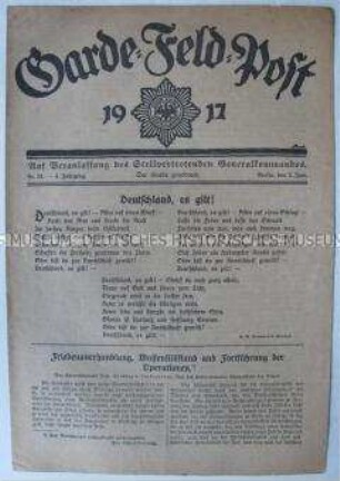 Kriegszeitung des Stellvertetenden Generalkommandos "Garde-Feld-Post" u.a. zur Lage im besetzten Belgien