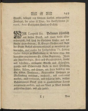 WIR Leopold &c. Bekennen öffentlich mit diesem Brieff, ...