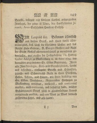 WIR Leopold &c. Bekennen öffentlich mit diesem Brieff, ...