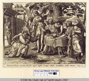 Gott erscheint Abraham in der Gestalt dreier Engel, die ihm die Geburt eines Sohnes prophezeien