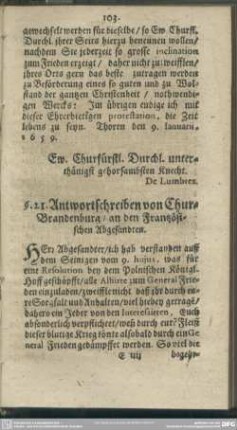 §. 21. Antwortschreiben von Chur-Brandenburg, an den Frantzösischen Abgesandten