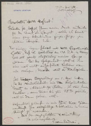 Brief an B. Schott's Söhne : 22.05.1911