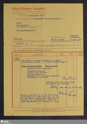 Julius Blüthner, Leipzig C, Pianoforte-Fabrik : Rechnung