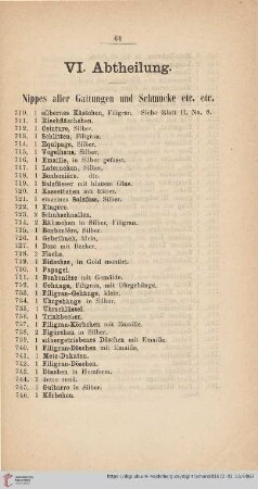 VI. Abtheilung. Nippes aller Gattungen und Schmucke etc. etc. (Nr. 710 - 857)
