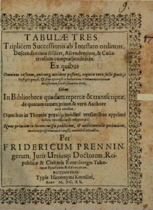 Tabulae tres triplicem Successionis ab Intestato ordinem comprehendentes