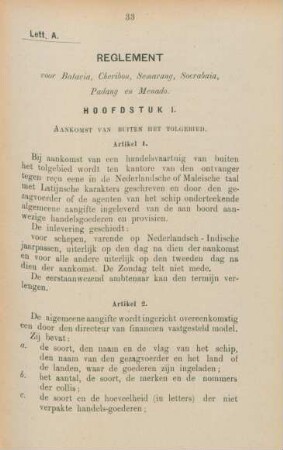 Lett. A. Reglement vor Batavia, Cheribon, Semarang, Socrabaia, Padang en Menado