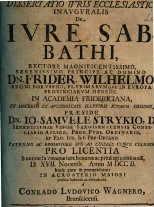 Dissertatio Ivris Ecclesiastici Inavgvralis De Ivre Sabbathi