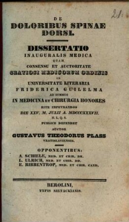 De doloribus spinae dorsi : Diss. inaug. med.