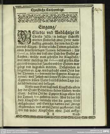 Leichenpredigt : Christliche Leichpredigt. Eingang. Textus .[Applicatio ad piè defunctum].